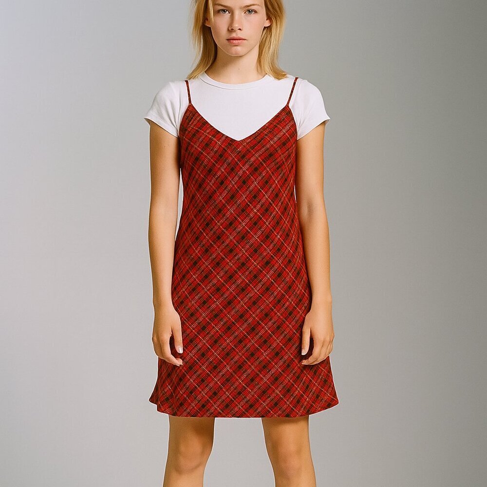 Like New XS J. Crew red plaid flannel 90’s Aline baby doll dress vintage